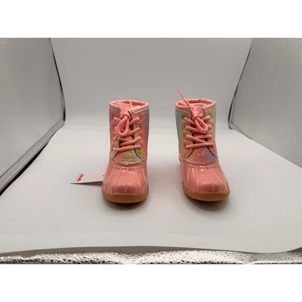 Josmo Girls Pink Glitter Rainbow Duck Boot Lace Up Faux Fur Lined Size 7 Toddler